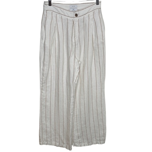H Halston White Tan Striped Wide Leg Linen Pants Women Size 6 BLEMISH - Picture 1 of 6